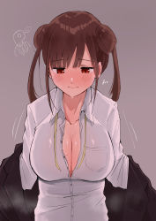 Rule 34 | 1girl, absurdres, black jacket, blunt bangs, blush, breasts, brown hair, cleavage, collarbone, double bun, full-face blush, grey background, hair bun, highres, idolmaster, idolmaster shiny colors, jacket, kobinbin, large breasts, looking down, open collar, p-head producer, producer (idolmaster), red eyes, shirt, simple background, solo, sonoda chiyoko, steam, steaming body, sweatdrop, untied ribbon, white shirt