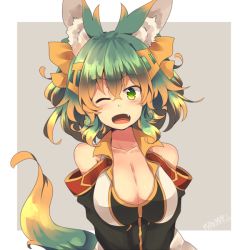 Rule 34 | 1girl, animal ear fluff, animal ears, bare shoulders, blush, breasts, brown hair, cleavage, cleavage cutout, clothing cutout, fang, female focus, gradient hair, green eyes, green hair, kuromiya, kuromiya raika, large breasts, looking at viewer, matching hair/eyes, multicolored hair, one eye closed, open mouth, original, short hair, simple background, smile, solo, tail, two-tone hair, upper body