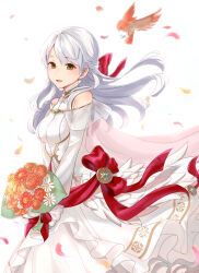 Rule 34 | 1girl, :d, bare shoulders, bird, bouquet, bow, bride, brown eyes, detached sleeves, dress, fire emblem, fire emblem: radiant dawn, fire emblem heroes, floating hair, flower, from side, grey hair, hair between eyes, hair bow, haru (nakajou-28), highres, holding, holding bouquet, long hair, long sleeves, looking to the side, micaiah (bridal) (fire emblem), micaiah (fire emblem), nintendo, official alternate costume, open mouth, orange flower, petals, red bow, simple background, sleeveless, sleeveless dress, smile, solo, wedding dress, white background, white dress, white hair, yellow eyes, yune (fire emblem)