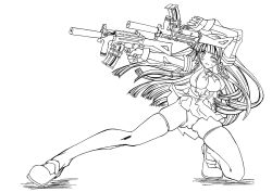 Rule 34 | 1girl, breasts, detached sleeves, dual wielding, greyscale, gun, h&amp;k mp5, h&amp;k mp5k, holding, large breasts, long hair, monochrome, one eye closed, on one knee, os-tan, panties, submachine gun, suppressor, thighhighs, underwear, weapon, wink, xp-tan