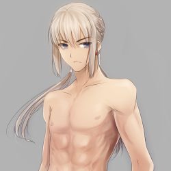 Rule 34 | 1boy, bedivere (fate), blue eyes, earrings, fate/stay night, fate (series), grey background, jewelry, long hair, male focus, official style, ponytail, purple eyes, simple background, solo, topless male, tusia, white hair