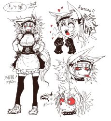 Rule 34 | 1girl, :3, animal ears, apron, awooo, black socks, breasts, cleavage, collar, colored sclera, dated, fangs, garter belt, kneehighs, large breasts, maid, maid apron, maid headdress, measurements, original, red sclera, sharp teeth, socks, spiked collar, spikes, sweat, sweatdrop, tail, teeth, tongue, tongue out, wolf ears, wolf girl, wolf tail, zyugoya