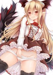 Rule 34 | 1girl, black thighhighs, blonde hair, blush, breasts, brown skirt, brown wings, closed mouth, clothes lift, collared shirt, commentary request, frilled shirt collar, frilled skirt, frills, granblue fantasy, groin, hair between eyes, head wings, heart, heart background, highres, kanopan, lifting own clothes, long hair, looking at viewer, panties, panty pull, pointy ears, pussy juice, red eyes, shirt, skirt, skirt lift, small breasts, solo, thighhighs, tongue, tongue out, underwear, vampy, very long hair, wet, wet clothes, wet panties, white panties, white shirt, wings