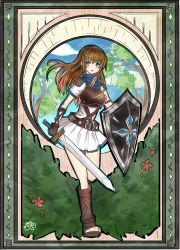 Rule 34 | 1girl, armor, belt, blue eyes, blue sky, blush, breastplate, brown hair, bush, cloud, cloudy sky, gauntlets, gloves, highres, holding, holding shield, holding sword, holding weapon, leg up, long hair, nora (salatto), open mouth, peltasta (tree of savior), plant, shield, short sleeves, skirt, sky, solo, sword, tree, tree of savior, weapon