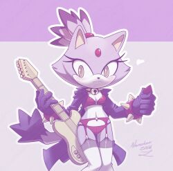Rule 34 | 1girl, absurdres, animal ears, bad deviantart id, bad id, blaze the cat, cat ears, cat girl, cat tail, collar, electric guitar, forehead jewel, furry, furry female, garter belt, guitar, highres, holding, holding guitar, holding instrument, instrument, jacket, looking at viewer, nancher, open clothes, open jacket, ponytail, purple fur, smile, sonic (series), spiked collar, spikes, tail, thighhighs, underwear, white thighhighs, yellow eyes