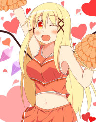 Rule 34 | 1girl, ;d, aged up, alternate costume, alternate hair length, alternate hairstyle, blonde hair, breasts, cheerleader, chiyono, flan-maman (goma), flandre scarlet, hair ornament, hairclip, hand up, heart, highres, large breasts, long hair, looking at viewer, midriff, navel, one eye closed, open mouth, pleated skirt, red eyes, skirt, smile, solo, touhou, wings