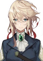 Rule 34 | 1girl, absurdres, ascot, black jacket, blonde hair, blue eyes, breasts, grey ascot, hair between eyes, hair ribbon, highres, jacket, large breasts, messy hair, red ribbon, ribbon, simple background, solo, upper body, violet evergarden, violet evergarden (series), white background, yoshio (55level)