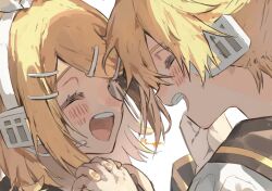 Rule 34 | 1boy, 1girl, :d, black sailor collar, blonde hair, blush, bow, brother and sister, close-up, closed eyes, commentary, detached sleeves, face-to-face, hair bow, hair ornament, hairclip, happy, headphones, headset, interlocked fingers, kagamine len, kagamine rin, memeppo, open mouth, sailor collar, shirt, short hair, siblings, signature, smile, spiked hair, swept bangs, twins, vocaloid, white bow, white shirt, yellow nails