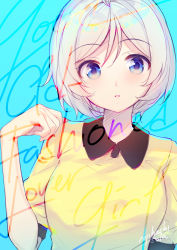Rule 34 | .live, 1girl, :o, blue background, blue eyes, collared shirt, commentary request, grey hair, hand up, highres, long hair, looking at viewer, parted lips, shirt, short hair, signature, dennou shoujo siro, solo, sora from france, upper body, virtual youtuber, wing collar, yellow shirt