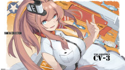Rule 34 | 10s, 1girl, :d, aosora kamiya, arm at side, breast pocket, breasts, character name, copyright name, dress, dutch angle, flight deck, hair between eyes, huge breasts, impossible clothes, kantai collection, long hair, looking at viewer, open mouth, pocket, revision, saratoga (kancolle), sbd dauntless, short sleeves, side ponytail, skirt, smile, smoke trail, smokestack, solo, striped clothes, striped skirt, tsurime, upper body, vertical-striped clothes, vertical-striped skirt, white dress