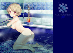 Rule 34 | 1girl, ass, bathroom, blonde hair, blush, breasts, completely nude, cover, artistic error, female focus, from side, full body, hookah, looking at viewer, nipples, nude, original, partially submerged, red eyes, short hair, solo, water, wrong foot, yuuki rika