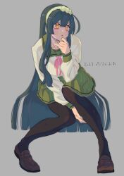Rule 34 | 1girl, arm between legs, black pantyhose, blunt ends, blush, brbr vrvr, brown footwear, commentary request, dated, full body, green hairband, green sailor collar, green skirt, hair flowing over, hairband, hand on own chin, heel pop, highres, invisible chair, leaning forward, loafers, long hair, looking to the side, neck ribbon, official alternate costume, pantyhose, parted lips, pink ribbon, pleated skirt, ribbon, sailor collar, school uniform, serafuku, shirt, shoes, signature, sitting, sitting on hair, skirt, solo, touhoku zunko, very long hair, voiceroid, white shirt, yellow eyes