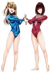 Rule 34 | 2girls, athletic leotard, blonde hair, blue eyes, blue leotard, breasts, brown eyes, brown hair, commentary request, covered navel, full body, half-soles, holding hands, leotard, long hair, long sleeves, looking at viewer, medium breasts, multiple girls, open mouth, original, ponytail, red leotard, sen (sansui), short hair, simple background, small breasts, smile, standing, teeth, upper teeth only, white background