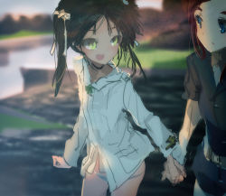 Rule 34 | 2girls, absurdres, black hair, blue dress, blue eyes, blurry, choker, depth of field, dress, fang, francesca lucchini, holding hands, happy, highres, kabuyama kaigi, long hair, looking at another, looking to the side, maria pier di romagna, multiple girls, open mouth, red hair, sketch, sky, smile, strike witches, sunset, twintails, uniform, water, world witches series