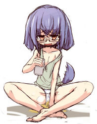 Rule 34 | 1girl, animal ears, barefoot, blush, cameltoe, can, collarbone, dog ears, dog tail, drink, fangs, female focus, flat chest, full body, glasses, green shirt, half-closed eyes, hand up, happy, holding, indian style, looking at viewer, mutoo, nose blush, off shoulder, open mouth, orange eyes, original, panties, peeing, peeing self, puddle, purple hair, shirt, short hair, simple background, sitting, sleeveless, sleeveless shirt, smile, solo, spread legs, steam, sweat, tail, underwear, white background, white panties