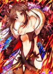 Rule 34 | 1girl, black dress, breasts, brown eyes, brown hair, center opening, choker, cleavage, closed mouth, dress, ear piercing, earrings, fate/grand order, fate (series), fire, fur-trimmed jacket, fur trim, highres, hip focus, jacket, jewelry, long hair, long sleeves, looking at viewer, medium breasts, multiple earrings, navel, piercing, revealing clothes, ribbon-trimmed dress, soda (sodachuxd), solo, strapless, strapless dress, thighs, very long hair, yu mei-ren (fate)