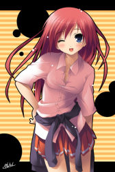 Rule 34 | 1girl, blue eyes, blush, clothes around waist, hand on own hip, kantoku, long hair, one eye closed, open mouth, original, red hair, skirt, solo, striped, striped background, sweater, sweater around waist, wink