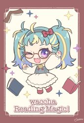 Rule 34 | 1girl, ;d, absurdres, ahoge, arm up, blonde hair, blue hair, blue vest, book, bow, chibi, dress, full body, glasses, grey hairband, hair bow, hairband, highres, long hair, long sleeves, looking at viewer, momokan (mmkn100), multicolored hair, myamu, one eye closed, open book, open mouth, pretty series, purple eyes, red bow, smile, solo, sparkle, standing, streaked hair, twintails, vest, waccha primagi!, white dress