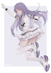 Rule 34 | 1girl, absurdres, arm up, border, commentary, dress, elbow gloves, full body, garter straps, gloves, highres, long hair, looking at viewer, midair, original, panties, pantyshot, parted lips, pink eyes, purple background, purple hair, reebok, shoe soles, shoes, short dress, short sleeves, simple background, smile, sneakers, solo, sugai (4ugaii), thigh strap, thighhighs, underwear, white border, white dress, white footwear, white gloves, white panties, white thighhighs