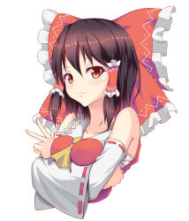 Rule 34 | 1girl, :3, ascot, bad id, bad pixiv id, bare shoulders, breasts, brown hair, detached sleeves, female focus, hair tubes, hakurei reimu, japanese clothes, looking at viewer, maki (makidai2024), miko, red eyes, sarashi, smug, solo, touhou, upper body, v