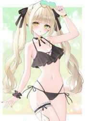 1girl bikini black_bikini black_choker blonde_hair blush breasts bridal_garter choker cleavage commentary commission eyewear_on_head frilled_bikini frills green_eyes hair_ornament heterochromia ibara_muan indie_virtual_youtuber long_hair looking_at_viewer medium_breasts multicolored_nails nail_polish navel skeb_commission solo suineco swimsuit symbol-only_commentary thighs twintails virtual_youtuber wrist_cuffs yellow_eyes