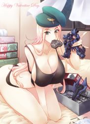 Rule 34 | 1girl, bed, breasts, haganef, large breasts, muv-luv, pink hair, solo, tissue, tissue box, valentine