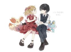 Rule 34 | 1boy, 1girl, alternate costume, black necktie, black pants, black vest, buttons, calem (pokemon), closed mouth, collared shirt, commentary request, creatures (company), crossed legs, dress, eye contact, fennekin, froakie, game freak, gen 6 pokemon, hair ribbon, highres, holding, holding poke ball, looking at another, necktie, nintendo, own hands together, pants, poke ball, poke ball (basic), pokemon, pokemon (creature), pokemon xy, red dress, red ribbon, ribbon, serena (pokemon), shirt, shoes, short sleeves, sitting, tyou08665851, vest, white background