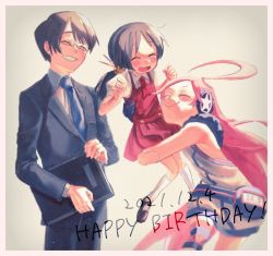 Rule 34 | 1boy, 2girls, ahoge, android, bare arms, black hair, black suit, blue necktie, brown hair, commentary, dated, dress, earmuffs, closed eyes, formal, fur-trimmed dress, fur trim, glasses, grin, happy birthday, hip gear, hiyama kiyoteru, holding, holding person, holding suitcase, kaai yuki, long hair, multiple girls, nata shelf, neckerchief, necktie, open mouth, pink hair, red dress, red neckerchief, sf-a2 miki, shirt, short sleeves, sleeveless, sleeveless dress, smile, standing, star (symbol), star print, suit, suitcase, twintails, very long hair, vocaloid, white dress, white shirt