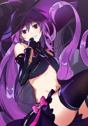 Rule 34 | 1girl, aisha landar, bare shoulders, black gloves, black hat, black skirt, black sleeves, black thighhighs, breasts, commentary request, cross, cross necklace, detached sleeves, elsword, gloves, groin, hair between eyes, hat, highres, jewelry, korean commentary, long hair, looking at viewer, midriff, navel, necklace, oz sorcerer (elsword), pba 471, purple eyes, purple hair, skirt, small breasts, smile, solo, stomach, teeth, thighhighs, very long hair, witch, witch hat, zipper