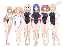 Rule 34 | 6+girls, absurdres, atlanta (kancolle), blonde hair, blue eyes, blush, competition swimsuit, green eyes, hands on own hips, helena (kancolle), highres, honolulu (kancolle), hornet (kancolle), houston (kancolle), kantai collection, long hair, multicolored clothes, multicolored hair, multicolored swimsuit, multiple girls, noruren, one-piece swimsuit, signature, south dakota (kancolle), swimsuit, twintails, twitter username, white background, yellow eyes