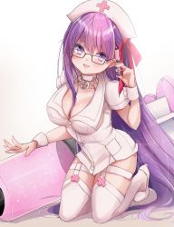 Rule 34 | 1girl, bb (bb shot!) (fate), bb (fate), blush, breasts, choker, cleavage, collarbone, dress, fate/extra, fate/extra ccc, fate/grand order, fate (series), glasses, hair ribbon, hat, highres, kneeling, large breasts, large syringe, long hair, looking at viewer, nurse, nurse cap, open mouth, oversized object, purple eyes, purple hair, red ribbon, ribbon, short dress, simple background, smile, syringe, thighhighs, touko 56, very long hair, white background, white choker, white dress, white footwear, white thighhighs, wrist cuffs