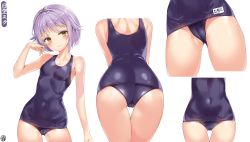 Rule 34 | 10s, 1girl, ass, back, bad id, bad pixiv id, bare shoulders, blush, breasts, cameltoe, covered navel, eyebrows, from behind, idolmaster, idolmaster cinderella girls, koshimizu sachiko, light purple hair, looking to the side, melang b, old school swimsuit, one-piece swimsuit, school swimsuit, short hair, simple background, small breasts, solo, swimsuit, white background, yellow eyes