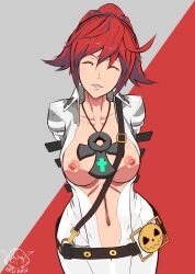 Rule 34 | 1girl, 3d, absurdres, breasts, breasts out, closed eyes, grin, guilty gear, guilty gear strive, highres, jack-o&#039; valentine, large breasts, nipples, red hair, redrain, smile, solo