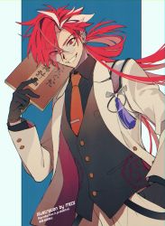 Rule 34 | 1boy, commentary request, earrings, eyebrow cut, fate/grand order, fate (series), jacket, jewelry, long hair, long sleeves, looking at viewer, male focus, meiji ken, multicolored hair, open mouth, red eyes, red hair, smile, solo, split-color hair, streaked hair, takasugi shinsaku (fate), two-tone hair, upper body, white hair, white jacket