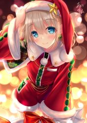 Rule 34 | 1girl, arm up, blue eyes, blurry, blurry background, blush, bow, braid, christmas, closed mouth, commentary request, depth of field, earrings, fur-trimmed headwear, fur-trimmed sleeves, fur trim, grey hair, hair between eyes, hair ornament, hand on headwear, hat, idolmaster, idolmaster shiny colors, jewelry, long hair, long sleeves, looking at viewer, red bow, red hat, red shirt, red shorts, sack, santa hat, serizawa asahi, shirt, short shorts, shorts, signature, smile, solo, star (symbol), wide sleeves, yunagi amane