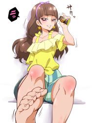 Rule 34 | 1girl, amanogawa kirara, barefoot, brown hair, candy, chocolate, chocolate bar, clenched teeth, earrings, feet, food, foot focus, go! princess precure, grin, hairband, jewelry, precure, purple eyes, shorts, sitting, smile, snack, soles, solo, star (symbol), star earrings, striped clothes, striped shorts, teeth, tj-type1, toes, twintails