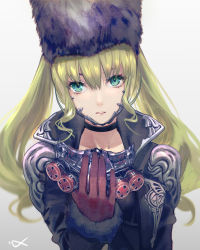 Rule 34 | 1girl, black hat, black jacket, blonde hair, breasts, choker, code vein, csyday, fur-trimmed sleeves, fur hat, fur trim, gas mask, gloves, green eyes, grey background, hat, holding, holding mask, jacket, long hair, long sleeves, looking at viewer, mask, mia karnstein, parted lips, red gloves, solo, twintails, unworn mask, upper body