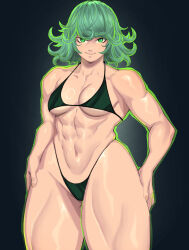 Rule 34 | 1girl, bikini, breasts, drakkaiart, female focus, green eyes, green hair, hands on own hips, highres, looking at viewer, matching hair/eyes, medium hair, muscular, muscular female, navel, one-punch man, small breasts, solo, swimsuit, tatsumaki, thick thighs, thighs