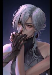 Rule 34 | 1girl, absurdres, arlecchino (genshin impact), bare shoulders, black hair, black nails, commentary, genshin impact, grey hair, highres, jewelry, long hair, multicolored hair, nail polish, own hands together, pillarboxed, red nails, ring, sleeveless, solo, streaked hair, upper body, yeovvr