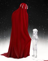 Rule 34 | 1girl, absurdres, barefoot, blood, colored skin, creature, curled horns, dress, highres, horns, horror (theme), looking at viewer, original, red curtains, snowing, spot color, svet yomi, white dress, white skin