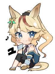 Rule 34 | 1girl, animal ears, artist self-insert, bare shoulders, black leggings, black necktie, blonde hair, blue eyes, blue jacket, blush stickers, brown footwear, character request, chibi, closed mouth, collared shirt, commentary request, eighth note, female trainer (umamusume), full body, genderswap, genderswap (mtf), highres, horse ears, horse girl, horse tail, jacket, leggings, long hair, looking at viewer, multicolored hair, musical note, necktie, off shoulder, open clothes, open jacket, original, personification, ponytail, red hair, shirt, shoe soles, shoes, short necktie, simple background, sitting, sleeveless, sleeveless shirt, smile, solo, streaked hair, tail, trainer (umamusume), umamusume, very long hair, white background, white shirt, wrist cuffs, yunekoko
