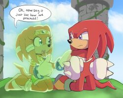 Rule 34 | 1boy, 1girl, artist logo, blue eyes, blue sky, breaking bad, clenched hands, furry, furry female, furry male, gloves, highres, knuckles the echidna, looking at another, master emerald, open mouth, pillar, plant, purple eyes, qkora01, sky, sonic (series), tail, tikal the echidna, vines, white gloves