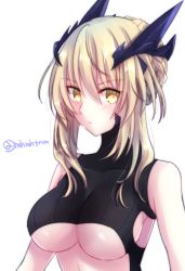 Rule 34 | 1girl, artoria pendragon (fate), artoria pendragon (lancer alter) (fate), bare shoulders, black sweater, blonde hair, braid, breasts, bright pupils, closed mouth, cropped sweater, fate/grand order, fate (series), headgear, highres, long hair, looking at viewer, ribbed sweater, simple background, solo, sweater, sweater vest, tanaji, turtleneck, turtleneck sweater, twitter username, underboob, upper body, white background, yellow eyes