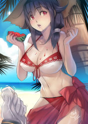 Rule 34 | 10s, 1girl, admiral (kancolle), asdj, beach, bikini, black hair, blush, breasts, cleavage, collarbone, covered erect nipples, cowboy shot, day, food, food on body, food on breasts, fruit, groin, hair over shoulder, highres, kantai collection, large breasts, long hair, looking at viewer, navel, outdoors, parted lips, pov, pov hands, red eyes, ryuuhou (kancolle), sarong, solo focus, stomach, swimsuit, taigei (kancolle), watermelon, watermelon seeds