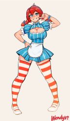 Rule 34 | 1girl, apron, blue eyes, blush, braid, breasts, cleavage, cleavage cutout, clothing cutout, dress, freckles, highres, large breasts, nisetanaka, product girl, red hair, smile, smug, solo, striped clothes, striped thighhighs, thighhighs, twin braids, twintails, wendy&#039;s, wendy (wendy&#039;s), wide hips, wrist cuffs