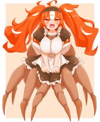 Rule 34 | 1girl, absurdres, ahoge, angry, arachne, arthropod girl, beige background, blush, breasts, clenched hands, commentary, frills, full body, hairband, highres, hikyou takarasou, insect girl, large breasts, long hair, looking at viewer, maid, monster girl, multicolored hair, open mouth, orange eyes, orange hair, original, puffy short sleeves, puffy sleeves, short sleeves, simple background, solo, spider girl, taur, tears, twintails, two-tone hair, white hair