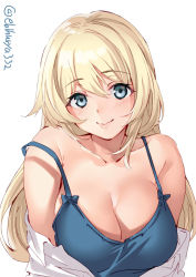 Rule 34 | 1girl, atago (kancolle), blonde hair, blouse, blue eyes, blush, breasts, cleavage, collarbone, ebifurya, hair between eyes, highres, kantai collection, large breasts, lips, long hair, one-hour drawing challenge, open clothes, open shirt, shirt, simple background, smile, solo, twitter username, upper body, white background, white shirt