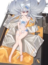 Rule 34 | 1girl, :p, absurdres, awakening (neural cloud), bag, barcode, blue bow, blue flower, blue nails, blush, bow, bracelet, breasts, camisole, collarbone, commission, covered navel, flower, full body, girls&#039; frontline, girls&#039; frontline neural cloud, grey hair, hair between eyes, hair bow, headband, highres, jewelry, knees together feet apart, legs, long hair, looking at viewer, nabiyan, nail polish, navel, panties, plastic bag, red eyes, see-through, see-through shirt, small breasts, solo, tag, toes, tokarev (girls&#039; frontline), tongue, tongue out, underwear, white bow, white headband, white panties