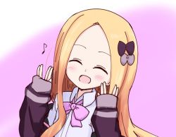 Rule 34 | 10s, 1girl, :d, ^ ^, abigail williams (fate), blonde hair, blush, bow, closed eyes, collared shirt, commentary request, cosplay, eighth note, facing viewer, fate/grand order, fate (series), forehead, gradient background, gridman universe, hair bow, hands up, jacket, kujou karasuma, long hair, long sleeves, musical note, open mouth, parted bangs, pink background, pink bow, purple bow, purple jacket, salute, shinjou akane, shinjou akane (cosplay), shirt, sleeves past wrists, smile, solo, ssss.gridman, vulcan salute, white background, white shirt