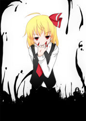 Rule 34 | 1girl, bad id, bad pixiv id, blonde hair, blood, darkness, embodiment of scarlet devil, female focus, finger in own mouth, meteor (artist), red eyes, ribbon, rumia, solo, standing, touhou, white background